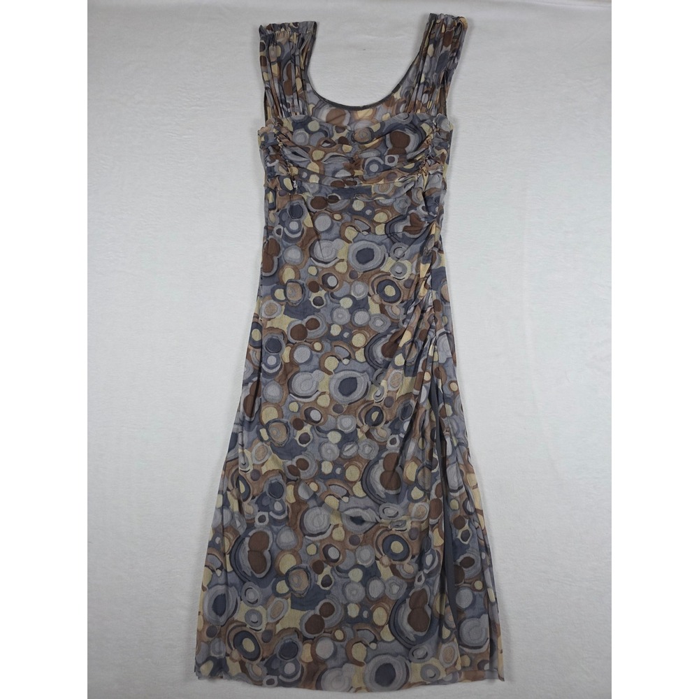 Y2K Abstract Ruched Mesh Midi Dress Geometric Circle Print Small Grey Retro